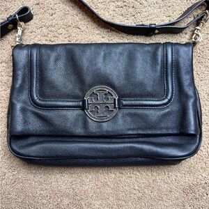 Tory Burch Amanda Foldover Black Leather Crossbody Bag